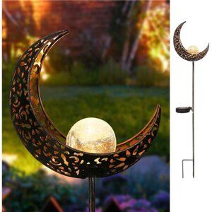 Moon Solar Garden Lights Outdoor Stakes Waterproof Crackle Glass Metal Decor